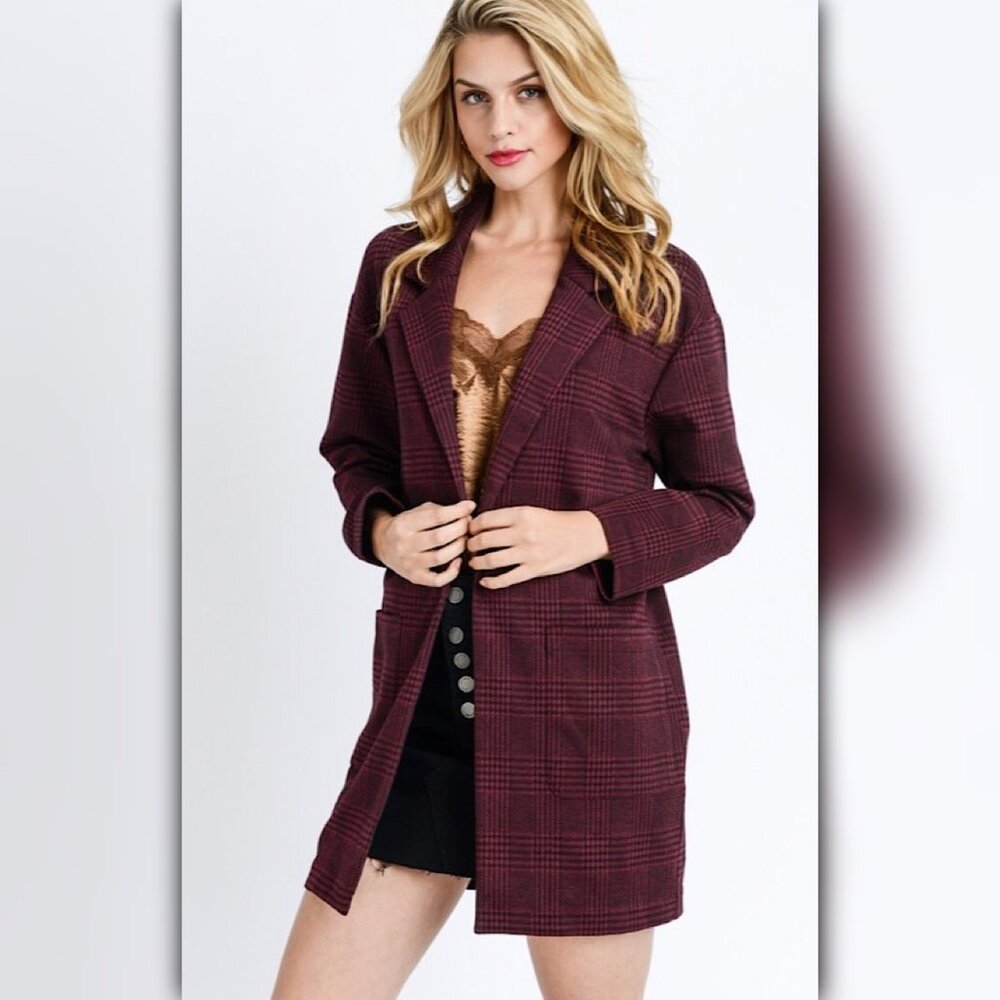 A401 • Wine Plaid Oversized Blazer - Picture 2 of 7